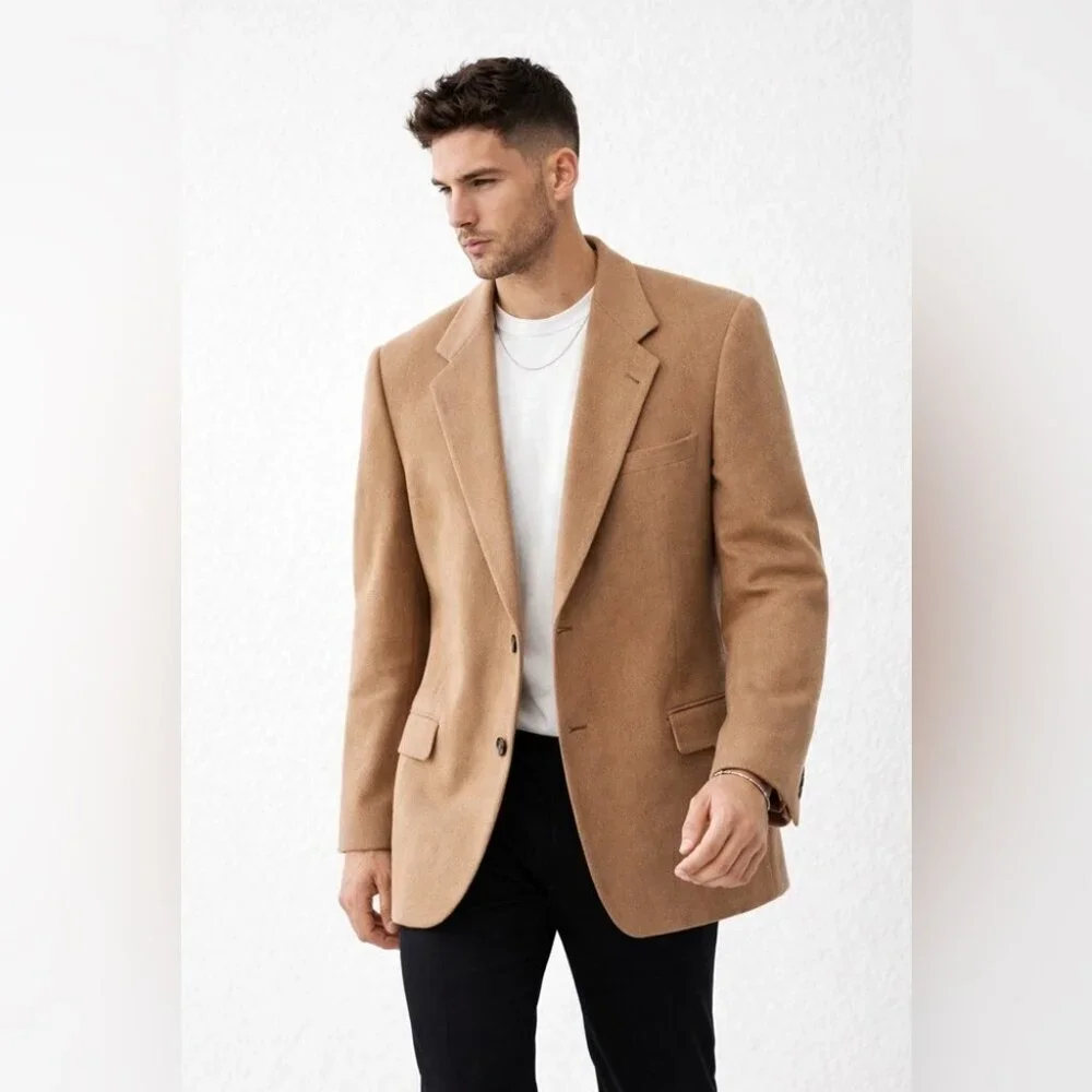 Brown Camel Tan Wool Blazer Made in Canada Classic Tailored Mens Jacket